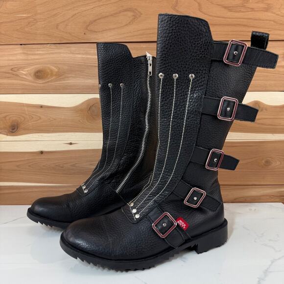 MISS SIXTY Moto Boots Buckle Accent Knee High Black Leather Boots size US 3.5